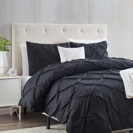 Black Duvet Cover King Size 3 Piece Pintuck Comforter Cover - 1 Duvet Cover 104x90 Button Closure with 2 Pillow Shams - Ultra Soft Microfiber Bedding Pinch Pleated King Duvet Cover Set