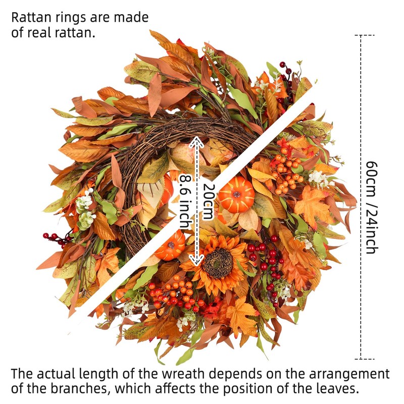 Large 24 Inch Fall Wreaths for Front Door, Farmhouse Autumn