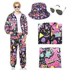 80s 90s Costume Tracksuit for Men, 80s Retro Outfit with Fishing Hat Sunglasses, Fashion Sportswear for Fancy Dress Disco Party, pink-red