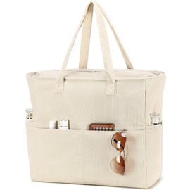 LEDAOU Beach Bag Waterproof Sandproof Women Tote Bag Pool Bag with Zipper for Gym Grocery Travel with Wet Pocket, Corduroy White, Large