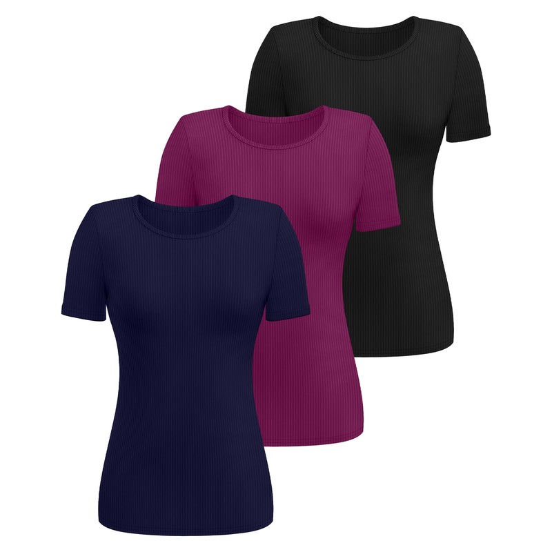 Ficerd 3 Pack Women's Ribbed T-shirts, Cotton Short Sleeve Basic