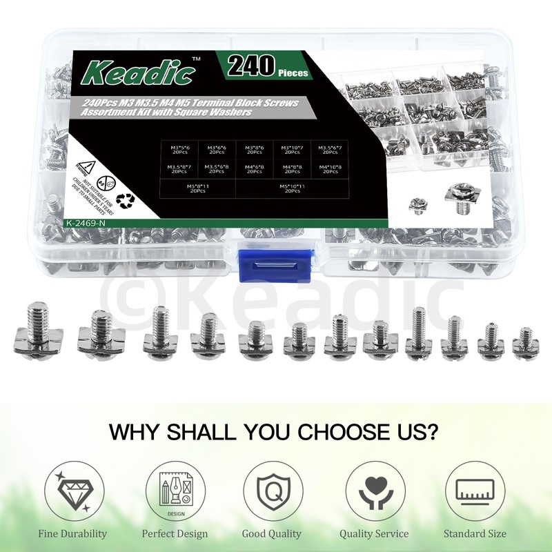 Keadic 240pcs M3 M3.5 M4 M5 Terminal Block Screws Assortment