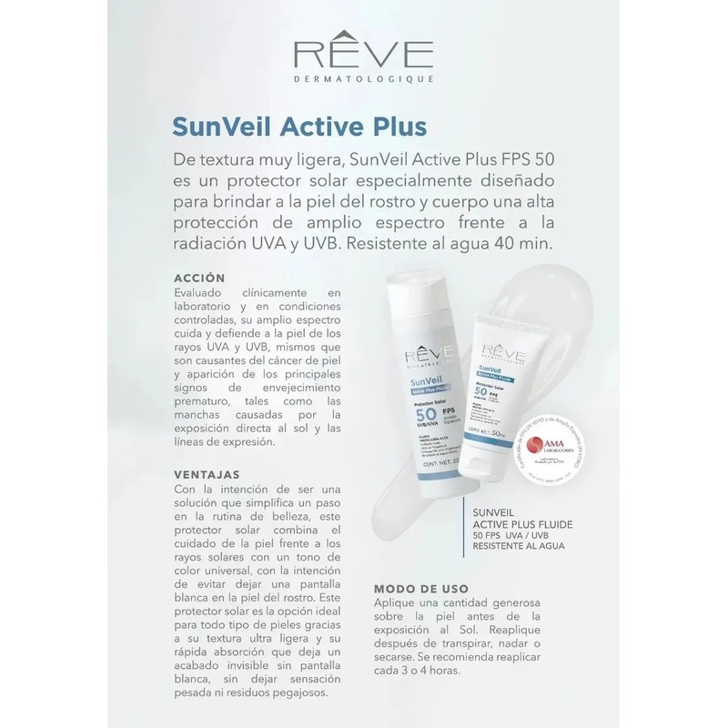 Reve Dermatologique SunVeil Active Plus Fluide FPS 50 Protector Solar
