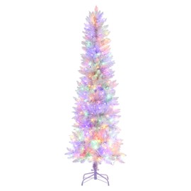 GarveeHome 6 Ft Pre-Lit White Pencil Christmas Tree, Slim Artificial Christmas Tree with 250 Colorful LED Lights, 8 Lighting Modes, 571 Tips, Lighted Hinged Skinny Xmas Tree