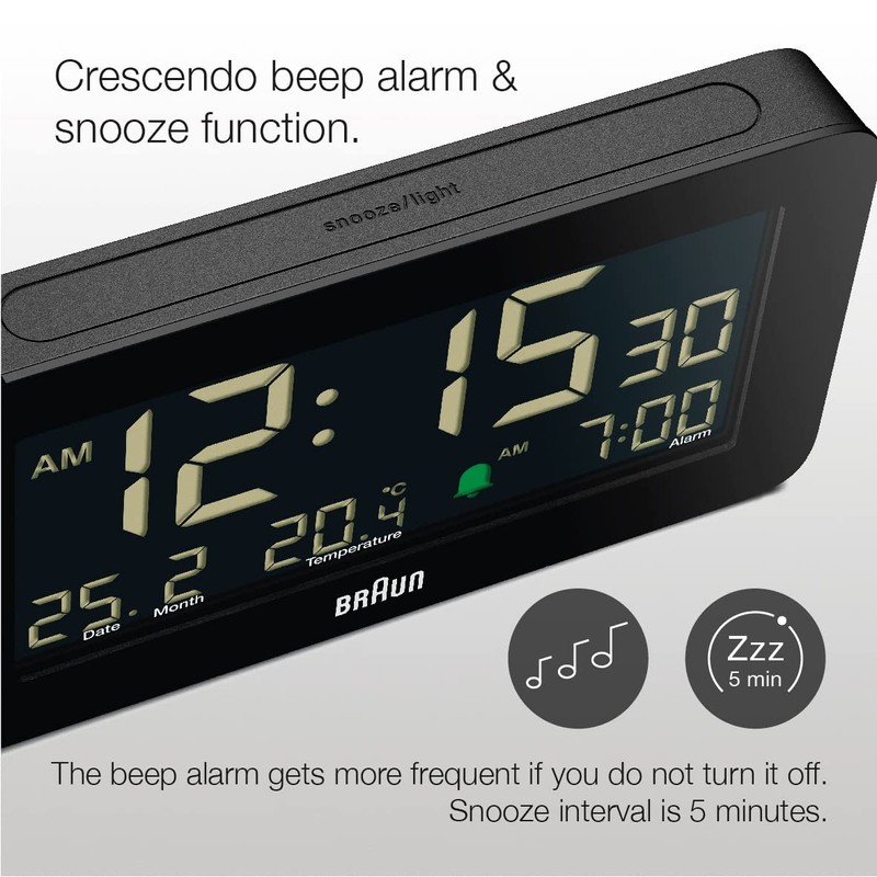 Braun Digital Alarm Clock with Date, Month and Temperature Displayed,