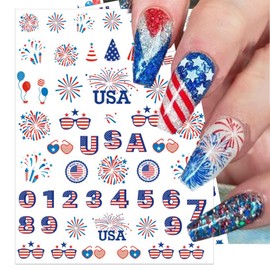 IDDFEVE 12 Sheets 4th of July Nail Stickers, USA Independence Day Patriotic Nail Decals, 3D Design Self-Adhesive Memorial Day Flag Star Nail Art