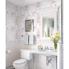 CiCiwind Peel and Stick Wallpaper Pink and White Wallpaper Vintage Toile Wall Paper for Bathroom Bedroom Living Room French Self Adhesive Removable Contact Paper for Cabinets 17.3"×197" Vinyl Rolls