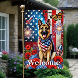BlissYard 4th of July Garden Flag 12x18 Double Sided Welcome American USA Patriotic German Shepherd Garden Yard Burlap House Flags for Memorial Veterans Independence Day Outdoor Decor