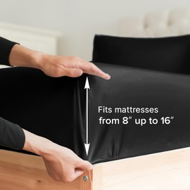 Queen Size Fitted Bed Sheet - Hotel Luxury Single Fitted Sheet Only - Fits Mattress Up to 16 - Extra Soft, Wrinkle Free, Breathable & Cooling - Bottom Fitted Sheet - Black Single Fitted Sheet Only