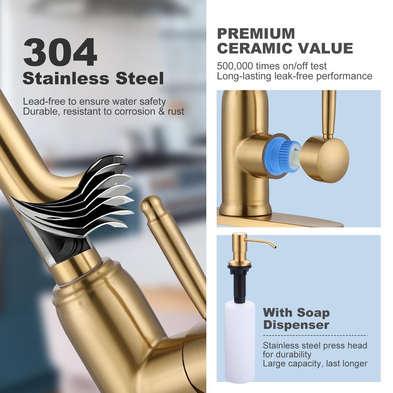 Gold Kitchen Faucet with Soap Dispenser, WOWOW Stainless Steel Kitchen