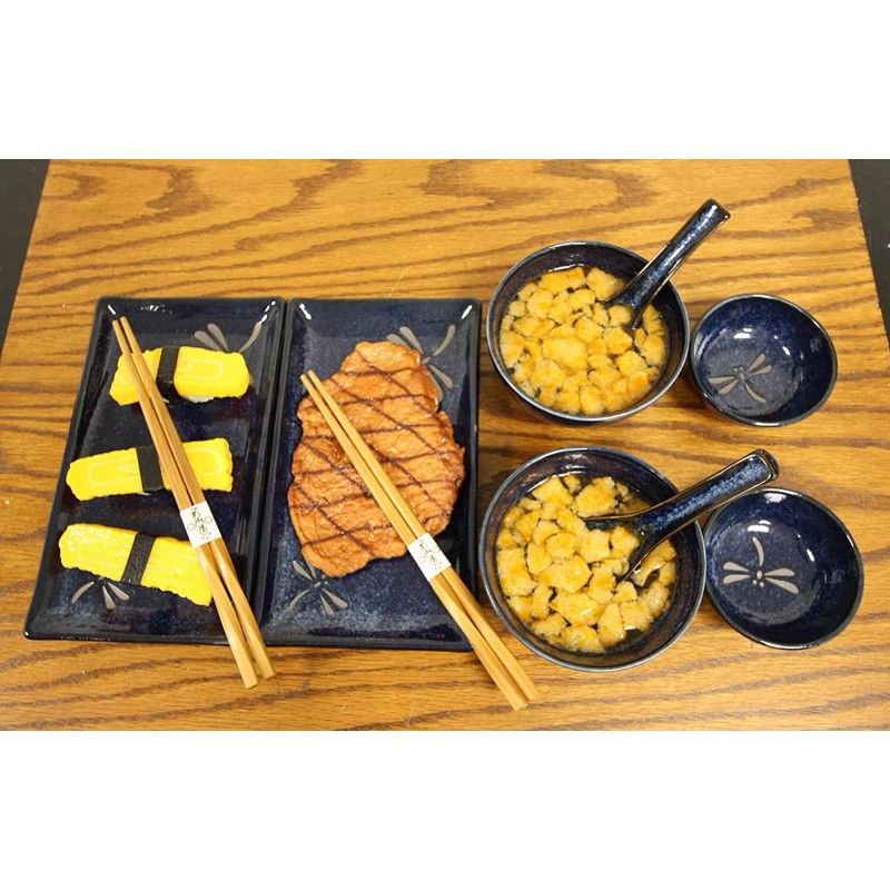 Japanese Pair Of Dragonfly Blue Motif Ceramic Sushi Dinnerware 10pc