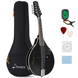 Donner A Style Mandolin Instrument Black Beginner Adult Acoustic Mandolin Musical Instrument Mahogany 8 String, Bundle With Tuner String Bag Guitar Picks, DML-100B