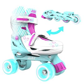 Yvolution Neon Combo Skates Quad and Inline 2-in-1 Adjustable Size Skates with LED Wheels, Outdoor Quad Roller Skates for Girls and Boys(Teal Pink 2022, 3-6)