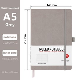 A5 Notebook, Journal Note Pad Hardback Journal Notebook A5 Notepad Composition Notebooks PU Leather Notebook for Office School Home Business Writing & Note Taking 200 Pages (100 Sheets)-Grey
