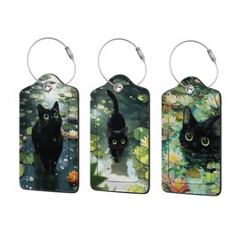 3 Pack Luggage Tag for Suitcase, Travel Cruise Luggage Tag with Privacy Flap, Name ID Labels and Metal Loop for Women Men Kids Girls Travel, Black Cat Water Lily Design