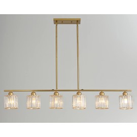 6 Lights Kitchen Island Lighting Linear Farmhouse Chandelier Modern Pendant Light Fixture Industrial Hanging Lighting with Glass Shades Gold for Barn Living Dining Room Hallway