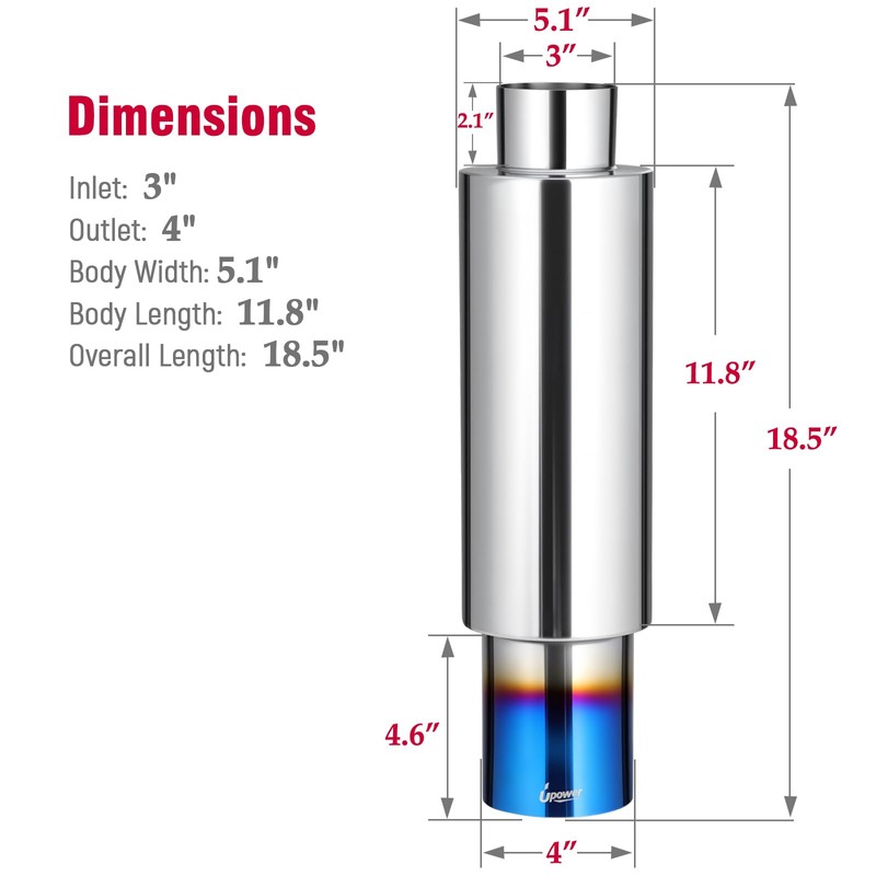 Upower Exhaust Muffler, Stainless Steel Exhaust Tip 18.5" Length 3"