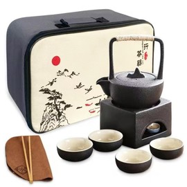 Scizorito Vintage Chinese Tea Set with Travel Bag, Kungfu Tea Set with 4 Tea Cups & Warmer, Gift for Mother'S Day, Birthday, Christmas, and Gatherings (Square Black)