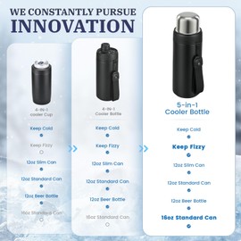 MAXSO 5-in-1 Insulated Can Cooler Fizz Soda Lid Drink Cover for 12oz & 16oz Regular, Slim Skinny Can, Beer Bottle & As Thermal Bottle, Vacuum Insulator Carbonated Cold Beverage Holder - Black