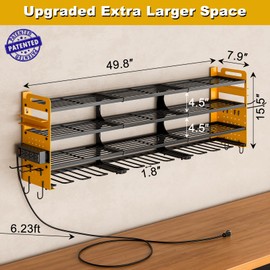 SEEAHEAD 12 Cordless Drill Holder Large Power Tool Organizer Wall Mount with Side Pegboard & Screwdriver Holder, 4-Tier Heavy Duty Metal Tool Storage Rack with 4-Outlet Power Strip