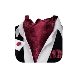 Barry.Wang Men Ascot Tie Set Cravat Paisley Solid Burgundy Silk Scarf Self Necktie Handkerchief Cufflinks Formal Wedding Party Prom