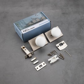 NCL White Door Knob, Satin Nickel Porcelain Door Knobs Interior, Rectangle Door Levers for Bedroom and Bathroom, Privacy Door Handles with Lock