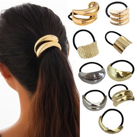papasgix 9 PCS Metal Hair Ties, Metal Geometric Elastic Hair Ties, Gold Hair Cuff Wrap Hair Ties for Thick Hair Gold Ponytail Cuff Elastic Hair Ties for Women Hair Accessories (Set 07)