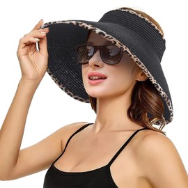 Women's Wide Brim Straw Sun Hat UPF 50+ UV Protection - Foldable Packable Summer Beach Visor Cap for Outdoor Travel, Black Leopard Print, One Size