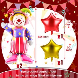MiniInflat 2 Pcs 3D Self Standing Clown Balloons 60 Inch 2 Pcs Star 10 Inch Carnival Party Decorations Circus Clown Aluminum Foil Balloons for Carnival Birthday Themed Parties