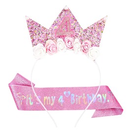 AYNKH Pink 4th Birthday Decorations for Girl, 4th Birthday Sash and Crown Headband Girls Decorations Gift Party Accessories for Girls