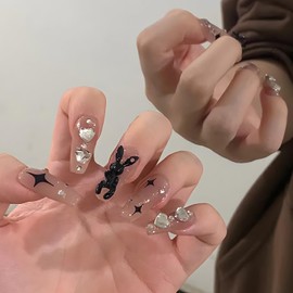 Easter Day Press on Nails Square Long Glossy Full Cover Acrylic Square Rhinestone False Nails with Rabbit Designs Artificial Medium Coffin Holiday Fake Nails Glue Stick on Fingernails for Women Girls