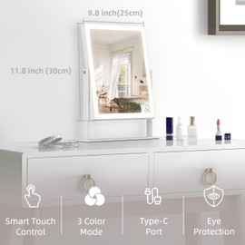 Misavanity Vanity Mirror with Lights Strip 11.8" x 9.8" Lighted Makeup Mirror with Lights Dimmable 3 Color Lighting Modes 360° Rotation Smart Touch Control Detachable 10X Magnification, White