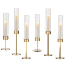 Hewory Gold Hurricane Candelabros - Juego de 6 portavelas de latón para candelabros, candelabros, decoración para mesa de centro de mesa, bodas, fiestas, decoraciones de Navidad