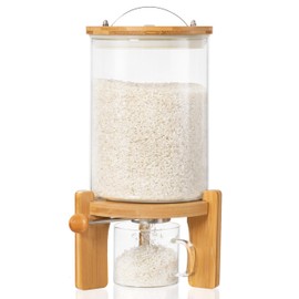 Famyards 5-7 lbs Glass Rice Dispenser with Wooden Stand Flour and Cereal Container with Glass Measuring Cup & Labels & Slider mat Pantry Food Organization Storage Bin with Airtight Bamboo Lid, 3L