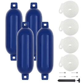 VEITHI Boat Fenders 4 Pack, Ribbed Twin Eyes Vinyl Boat Fenders Bumpers, Boat Bumpers for Docking Come with Ropes Needles and Pump to Inflate, Small Bumpers of Boats 4.5 x 16 inch Navy