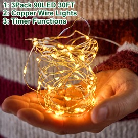 TURNMEON [ Timer ] 3 Set Fairy Lights, Total 90 LED, Warm White Battery Powered Copper Wire Fairy Lights, Decoration Outside Yard Party Home Bedroom Wedding Indoor Outdoor, 10 Ft 30 LED Each