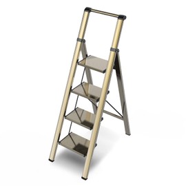 GameGem 4 Step Ladder, Folding Step Stool with Anti-Slip and Wide Pedal, Gold Ladder with Handgrip, Lightweight Aluminum Space Saving Stepladder for Home and Kitchen, 300 lbs Capacity