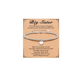 Stocking Stuffers Holiday Outfits for Women 2024 Daughter Bracelet from Dad Sister Bracelet from Sister Heart Charm Bracelet Silver Beaded Bracelet Birthday Christmas Gifts for Sister Daughter Granddaughter(BigSister)