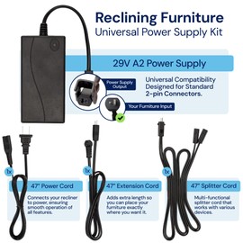The Blue Cactus Company Reclining Furniture Power Supply Kit - 2-Pin Furniture Connector, Power Supply, 47" Extension, Splitter & Power Cord - Replacement Kit for Recliner Chair Outlet