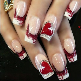 Luxurious Heart Press on Nails Medium Square False Nails Valentine's Day Glue on Nails Sparkly Fake Nails With Rhinestones Designs DIY Manicure Kit Reusable French Nail Art Tips Gifts for Women 24Pcs