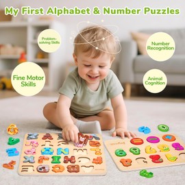JoyCat Wooden Alphabet & Number Puzzles for Toddlers 1-3, Animal Fruit Vegetable Montessori ABC Learning Toy, Gifts for 1 2 3 4 5 Year Old Boy Girl, Preschool Learning Activities