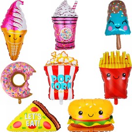 Kiwochy 8 PCS Ice Cream Doughnut Birthday Foil Balloons Set Popcorn Foil Balloons Calorie Fast Food Foil Balloons for Shower Food Themed Ice Cream Themed Party Supplies Birthday Decoration Balloons