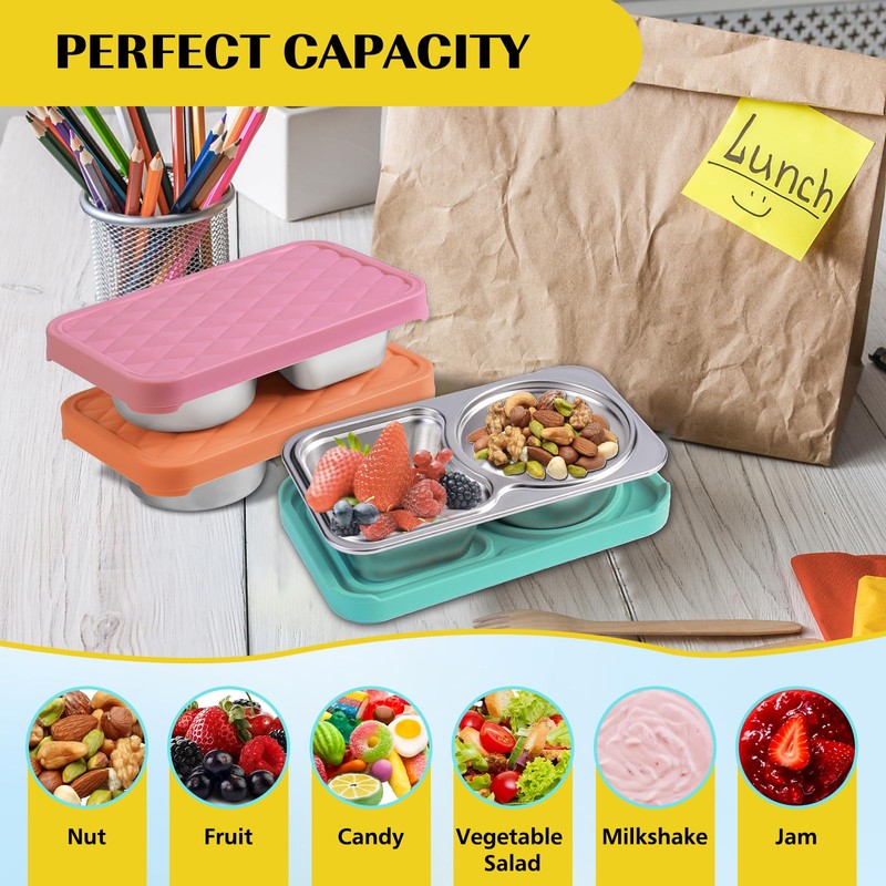 LVQVEV 4 Pack Stainless Steel Snack Containers, 2 Compartment Snack