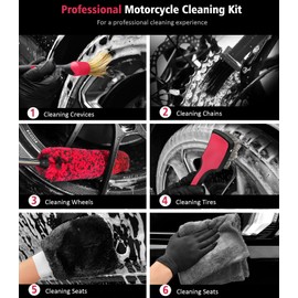 YeewayVeh 6PCS Motorcycle Cleaning Kit with Boar Hair Detailing Brush-Pro Safe for Chrome,Chain, Tire & Engine, Bendable Wheel Brush, Tire and Chain Brush, Wash Mitt & Microfiber Towel for Dirt Bike