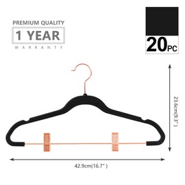 MIZGI Premium Velvet Pants Hangers with Clips (Pack of 20) Slim Skirt Hangers- Non Slip Felt Outfit Dress Hangers Black - Copper/Rose Gold Hooks,Space Saving Shirt Clothes Hangers