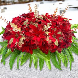 GRPFS Christmas Cemetery Flowers Glitter Poinsettias Headstone Flowers Saddle Realistic Memorial Flower Arrangement with Gold Leaf