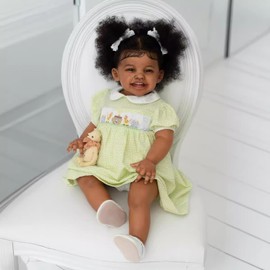 Wamdoll 24Inches Sweet Smiling Rooted Curly Hair Lifelike Reborn Baby Girl Dolls That Look Real and Feel Real, Realistic Newborn Toddler Collectible Art Doll in Dark Brown Skin