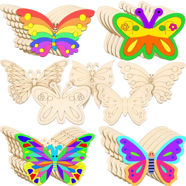 25 Pieces Wooden Butterfly Craft Unfinished Wood Butterfly Split Empty Butterfly Wood Colour Crafts for Children Painting, DIY Crafts, Tags, 5 Styles, 4 x 6 Inches