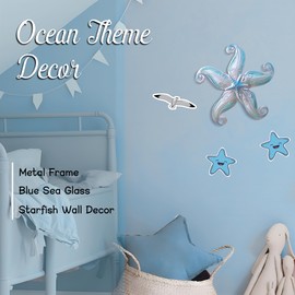 POXOHO Metal Starfish Wall Decor, Sea Life Coastal Decorations 12 inch Starfish Wall Art, Nautical Home Decoration Handing Ocean Beach Wall Art for Garden,Fence,Home,Patio,Kitchen,Bathroom,(Sky Blue)