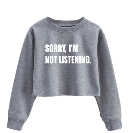 G-Amber Girls Long Sleeve Sweatshirts Kids Crop Print Funny Letters Fashion Pullover Tops Grey